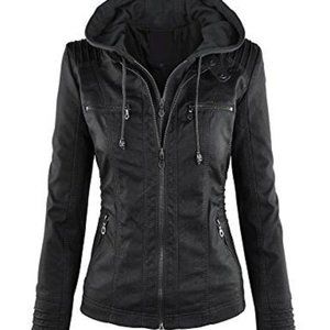 Womens Removable Hoodie Motorcyle Jacket